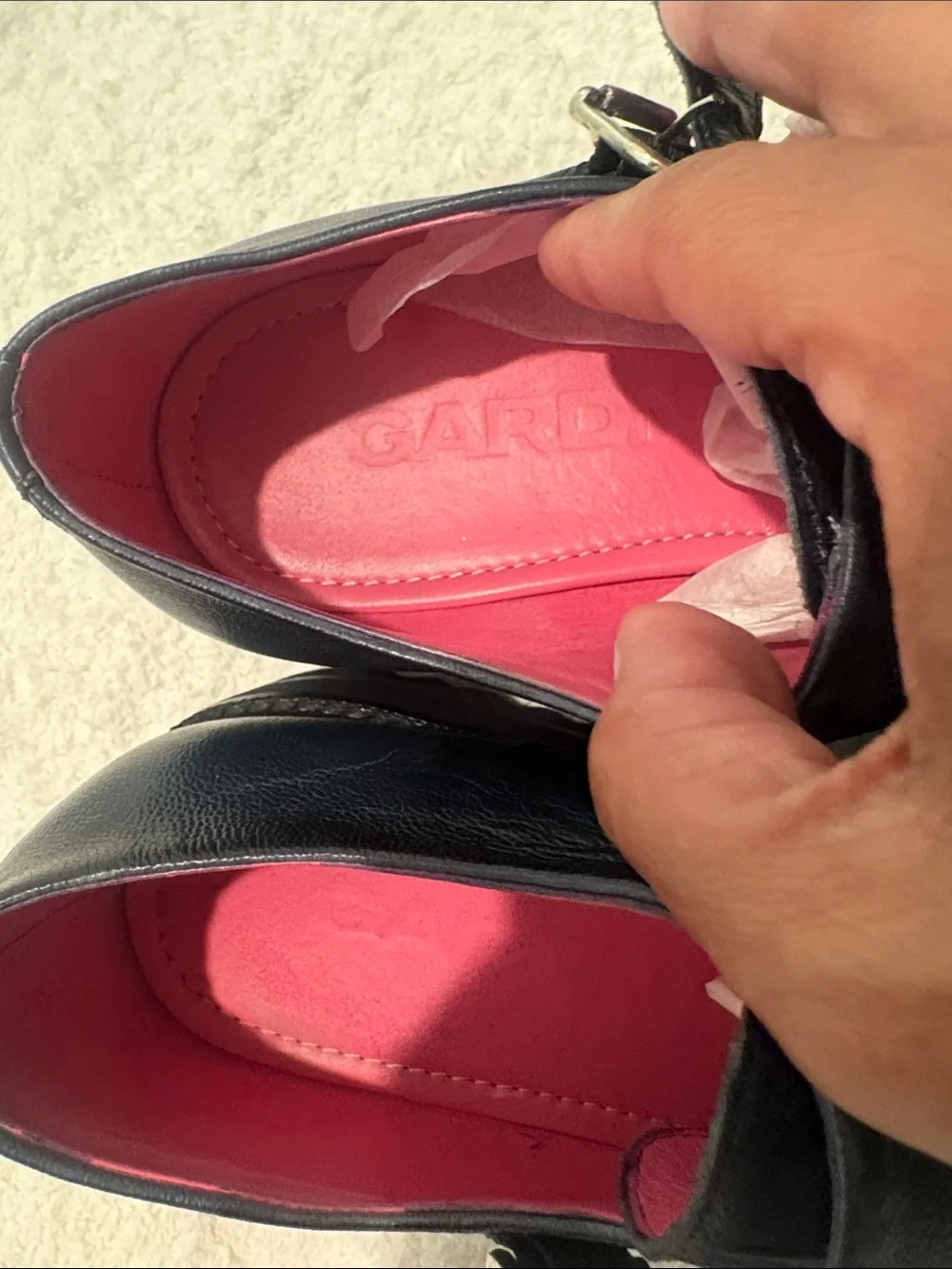 Black Double Monk Strap Leather Shoes with Pink Insole